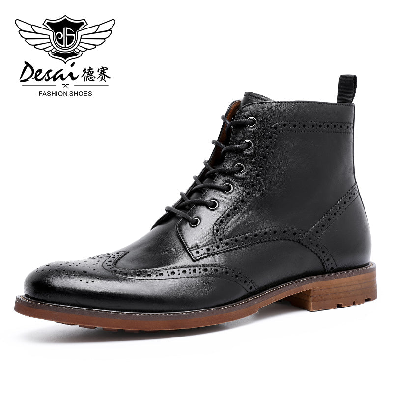 Desai Men's New Brogue Genuine Leather Boots Fleece-lined Shoes Fashion Boots,Warm,Large Size, Casual, Lace-up, Zipper,Gifts DS816301HL